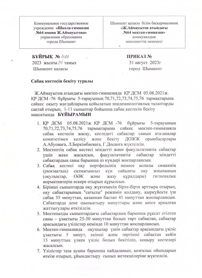 Бастауыш сыныптар бойынша сабақ кестесі