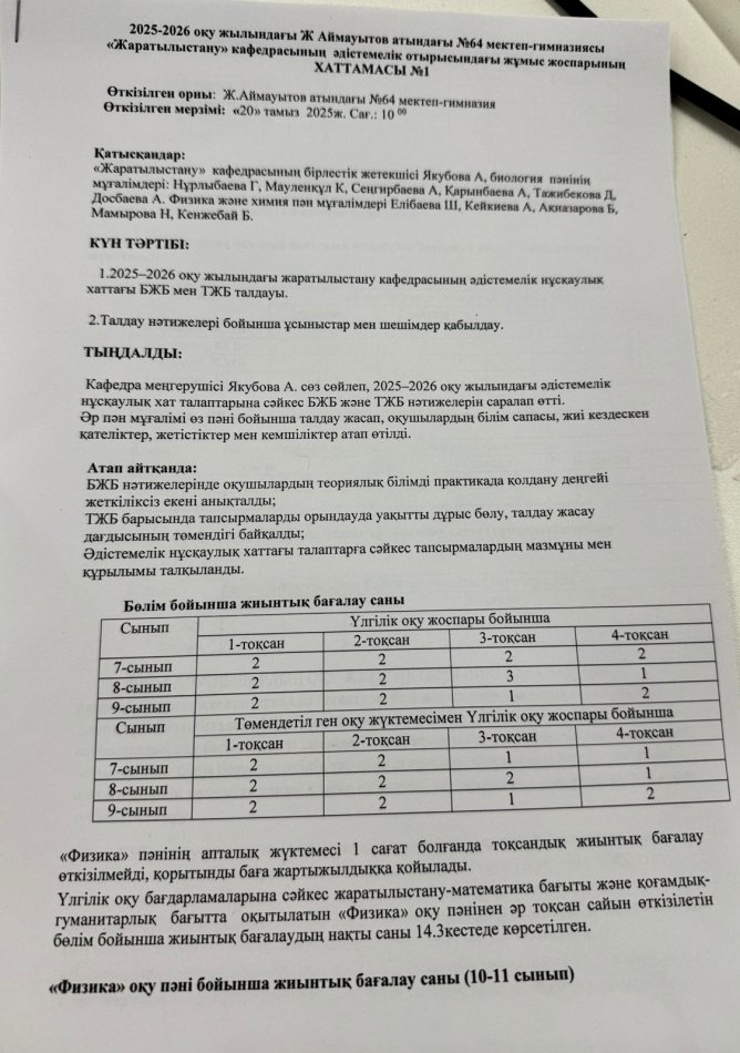 2025-2026 оқу жылы "Жаратылыстану" кафедрасының әдістемелік отырыстың Хаттамасы№1